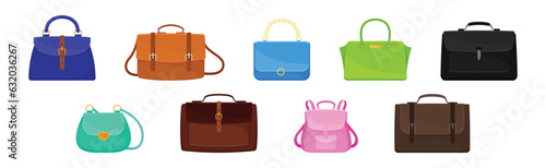 Female Handbag and Backpack Made of Artificial Leather Isolated on White Background Vector Set