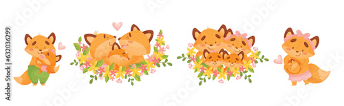 Happy Fox Family with Mother, Father and Little Cub Vector Set