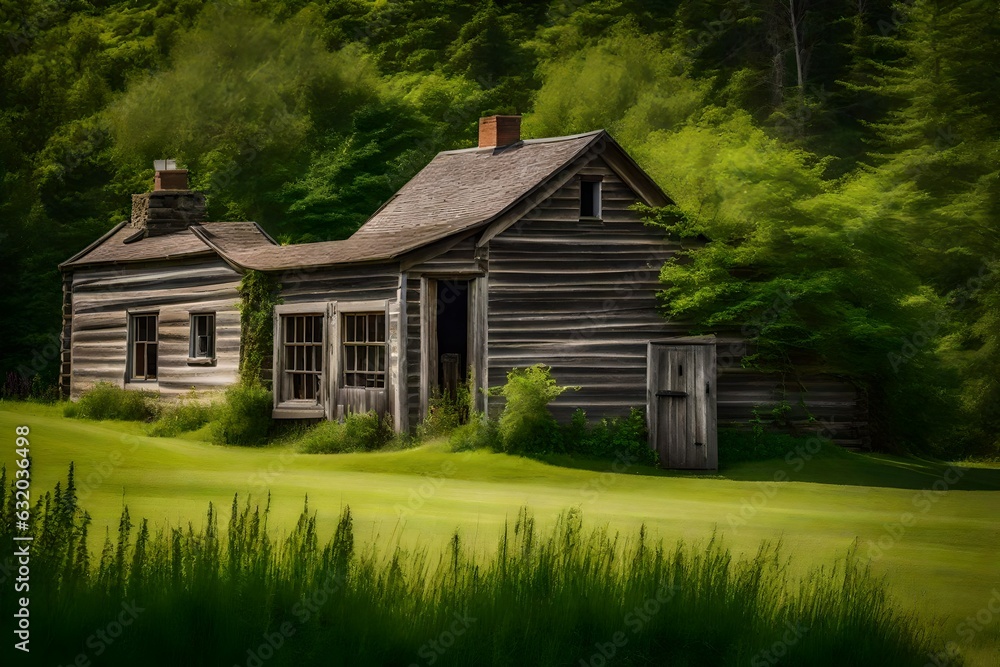 old wooden house in front of woods - Generative AI old wooden house in front of woods - Generative AI