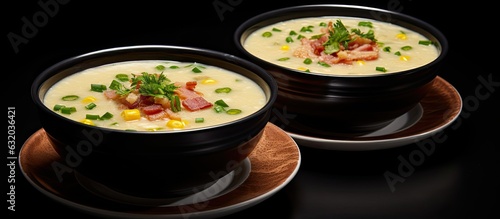 Two bowls of chowder, containing potatoes, bacon, ham, sweetcorn, fresh chopped parsley, and black pepper. Additional parsley is placed on a small plate beside the bowls. some empty space available