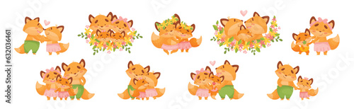 Happy Fox Family with Mother, Father and Little Cub Vector Set