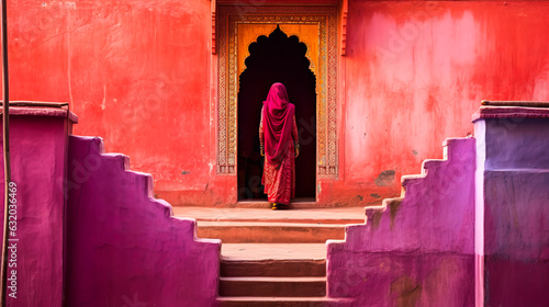 Captivating portrayal of Rajasthani woman in fuchsia sari, enriching the picturesque pink palette of historic Jaipur, reflecting royal architectural allure. Generative AI