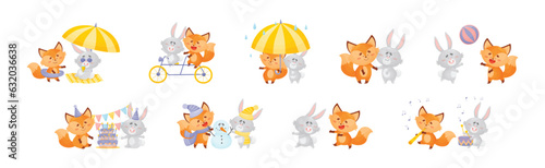Humanized Fox and Hare Engaged in Different Activity Vector Set