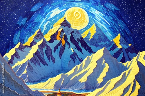 Beautiful landscape of Mount Everest blue sky and stars, insanely detailed, magical, fantasy.
