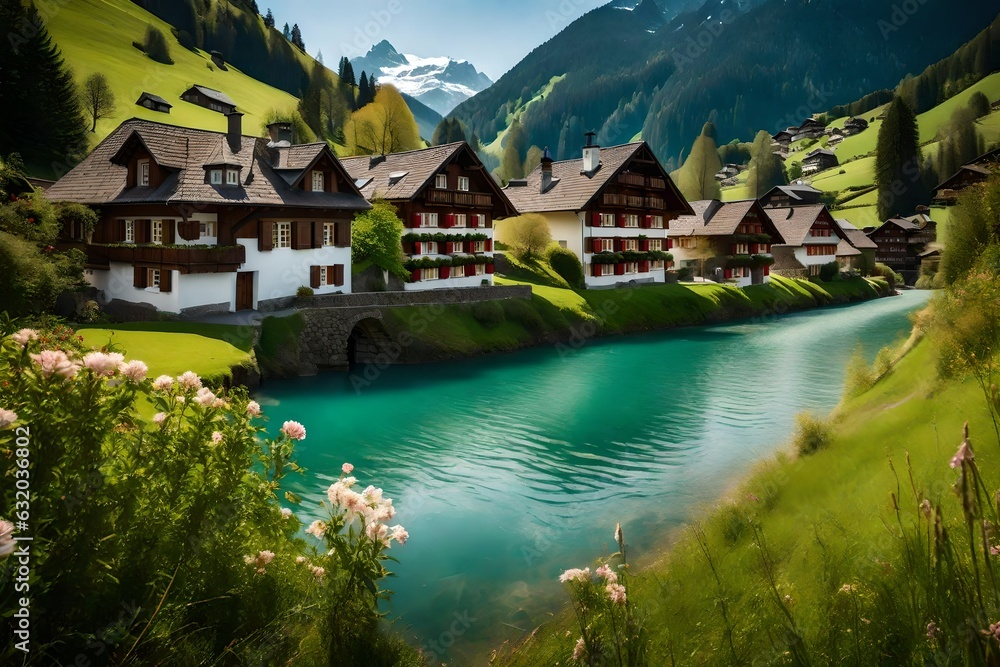 Fototapeta premium A beautiful city in the mountains around the lake - Generative AI