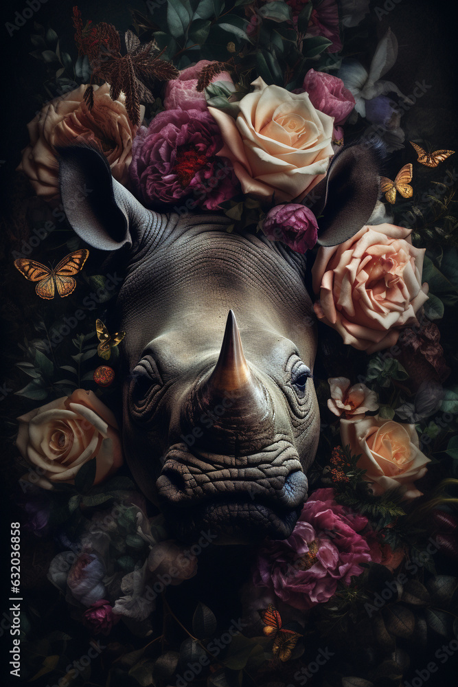 Rhinoceros or rhino abstract portrait with flowers and leaves. Creative animal portrait. Generative Ai.