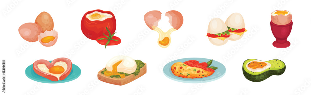 Raw Egg and Cooked in Tomato, Avocado and Omelette Vector Set