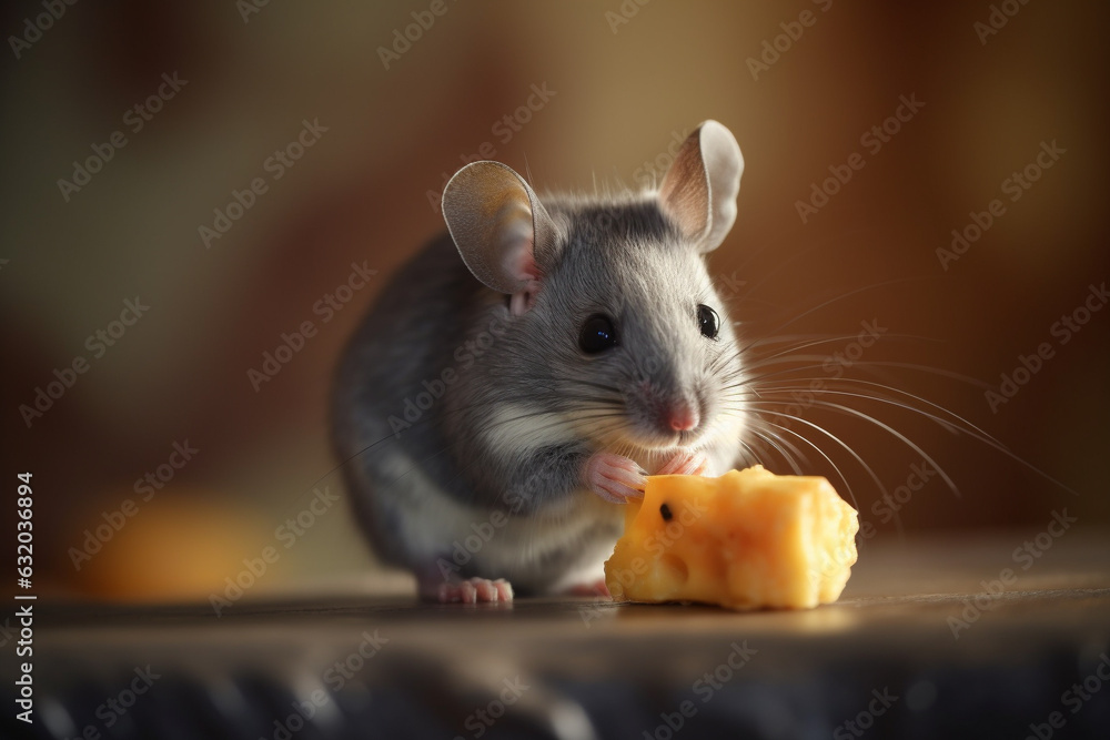 Small cute mouse eating big piece of cheese, close up view. Generative AI Small cute mouse eating big piece of cheese, close up view. Generative AI