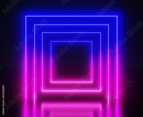 Abstract black room with neon square arches 3d render. Tunnel, virtual portal or frame of glow led lines, nightclub stage, laser light show, futuristic space gate on dark background. 3D illustration