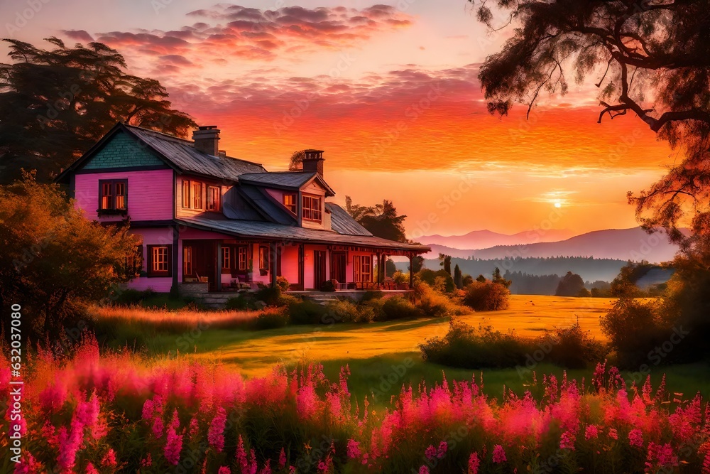 Fototapeta premium Sunset over a house located in a beautiful garden, full of flowers - Generative AI