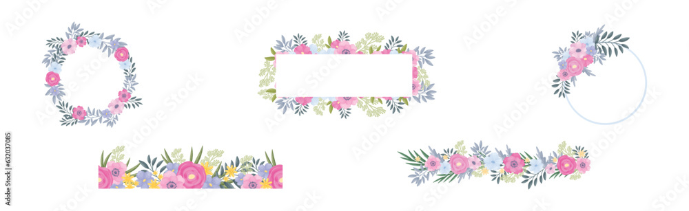 Floral Border and Frame of Lush Blooming Flowers as Decorative Vector Composition Set