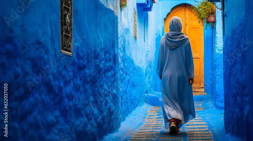 Vibrant exploration of a woman wandering through the picturesque blue streets of Chefchaouen, Morocco - capturing culture, adventure and urban beauty. Generative AI © XaMaps