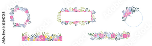 Floral Border and Frame of Lush Blooming Flowers as Decorative Vector Composition Set