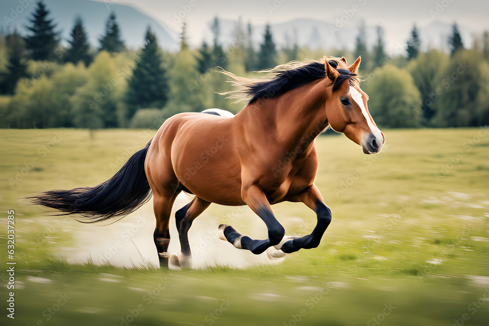 Fototapeta premium horse running in the meadow Generative AI