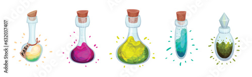 Glass Bottles and Jars with Potion Corked with Bottle Cap Vector Set