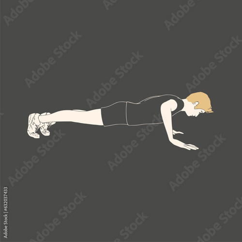 Young male workout. Sport man doing push up exercise. Casual sportwear - t-shirt, breeches and sneakers. Young man wearing workout clothes. Sport fashion boy outline in urban casual style.