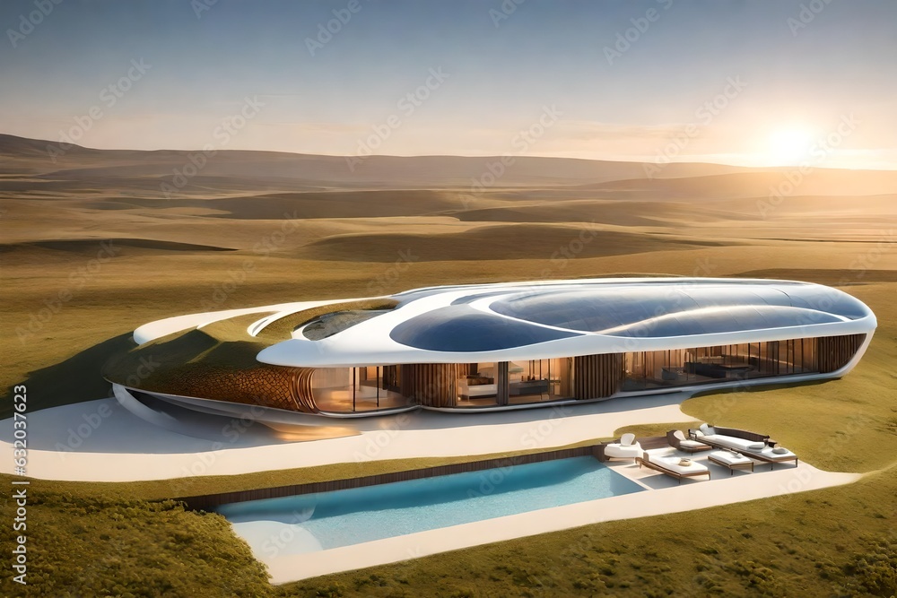 Fototapeta premium A modern house in the dessert - Generative AI