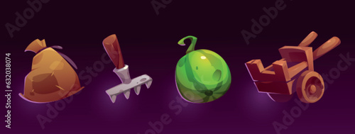 Cartoon set of farm game assets isolated on background. Vector illustration of old sack, garden rake, watermelon, wooden cart. Gardening tools and fruit harvest. User interface design elements