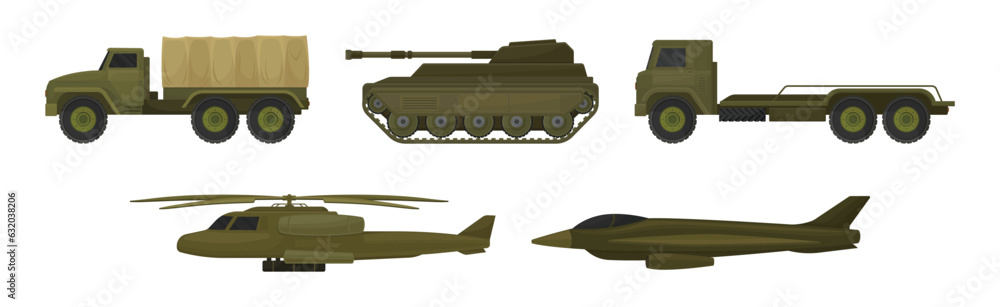 Military Machine and Armored Vehicle for Off-road Track with Aircraft Vector Set