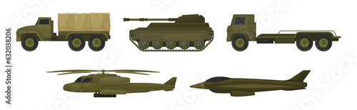 Military Machine and Armored Vehicle for Off-road Track with Aircraft Vector Set