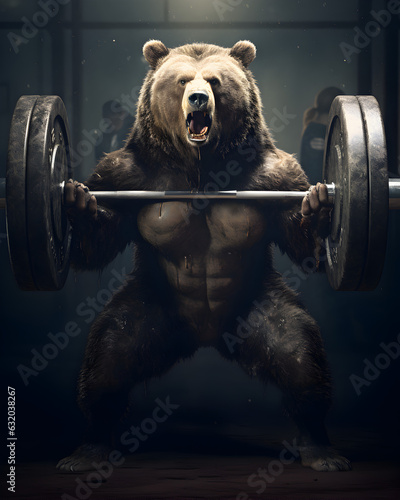 Bear lifting weights in the gym. Contemporary illustration.  © Soccer mom