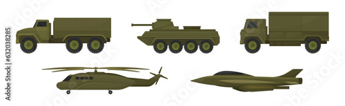 Military Machine and Armored Vehicle for Off-road Track with Aircraft Vector Set