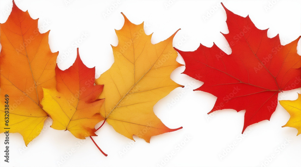 Fototapeta premium Fall leaves are laying down on a white background. Generative AI.