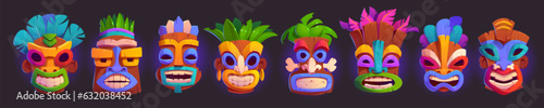 Set of tiki masks isolated on black background. Vector cartoon illustration of colorful tribal wooden totems, hawaiian style attribute, scary face with toothy mouth and big eyes, ancient culture items