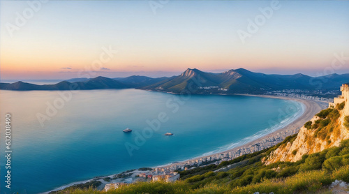 Large panorama with view on Koktebel and black sea at sunset in eastern Europe. Generative AI.