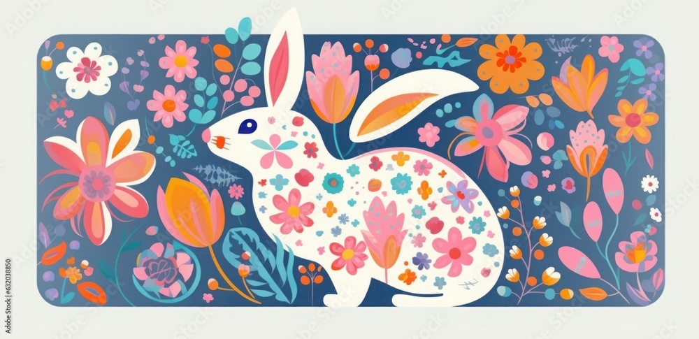 Colorful floral collection.. Happy easter greeting card with decorative easter bunny, Generative AI