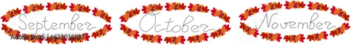 Vector autumn months lettering set in ellipses of maple leaves. Ellips of maple leaves - autumn colors with lettering - September, October, November. Vector illustration isolated