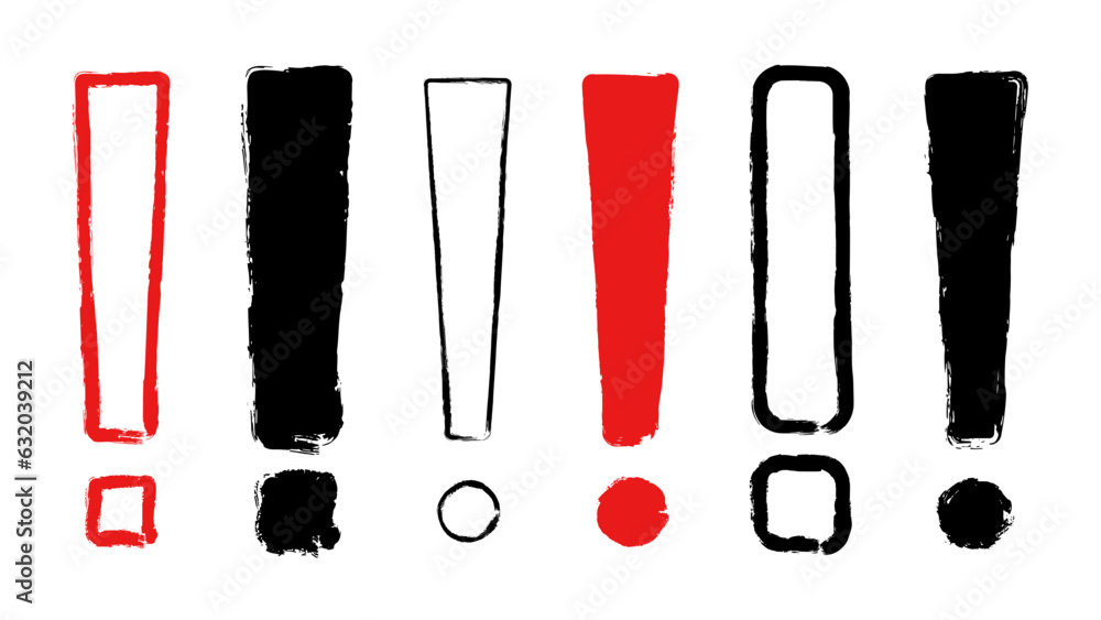 Set of black and red exclamation mark isolated on white background. Precautions symbol. Ink brush strokes. Watercolor icon design. Vector illustration, eps 10.