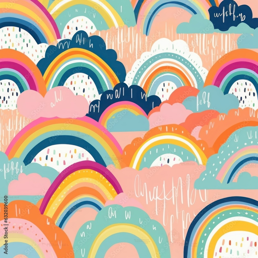 Abstract colorful trendy summer rainbows with clouds. illustrations. Summer colorful pattern design. Funny rainbows for Party decoration, Generative AI Abstract colorful trendy summer rainbows with clouds. illustrations. Summer colorful pattern design. Funny rainbows for Party decoration, Generative AI