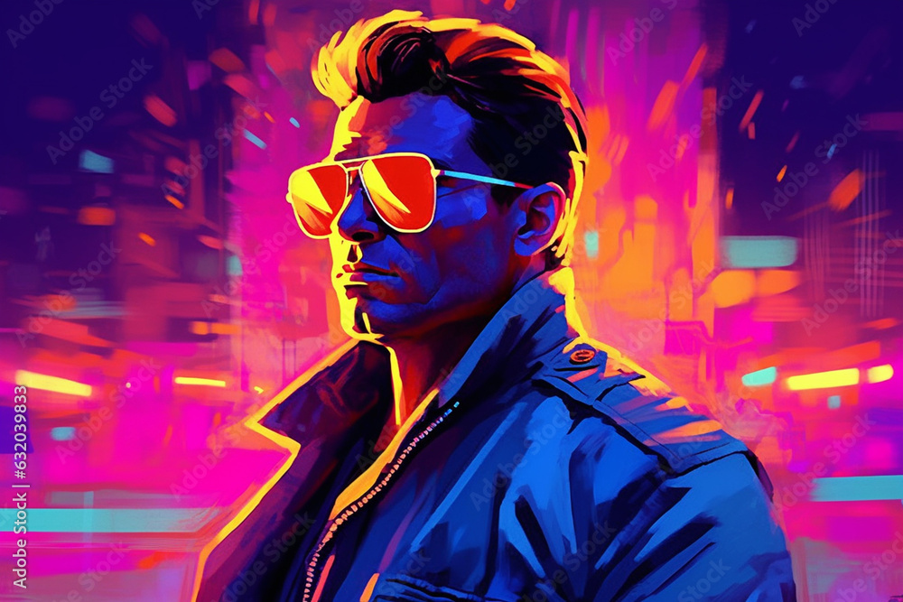 pumped up male action movie hero in sunglasses stands in neon vice lights, 1980s pumped up male action movie hero in sunglasses stands in neon vice lights, 1980s