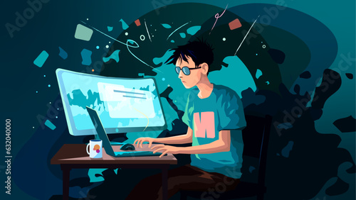 An IT technician, programmer, freelancer with glasses sits at night at a computer, in the light of monitors. Works on a laptop. There's a cup of coffee on the table. Banner. Vector illustration.
