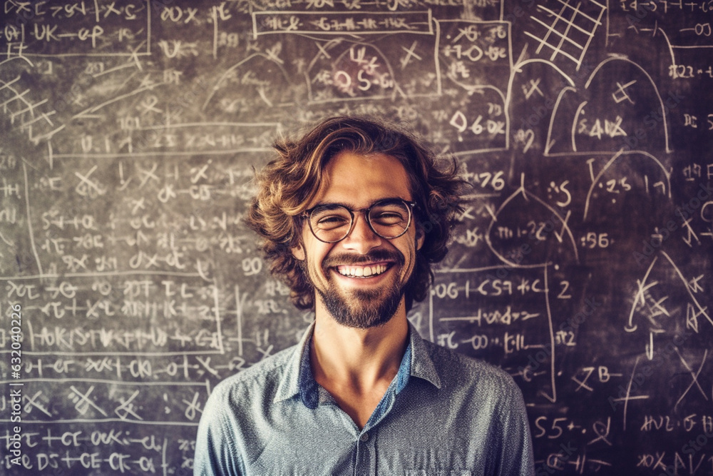smiling young man stands confidently against a backdrop of math formulas smiling young man stands confidently against a backdrop of math formulas