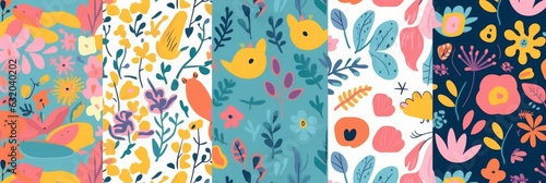 Colourful set of baby seamless patterns. Floral summer, childish seamless patterns, Generative AI
