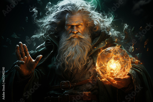 Wise Merlin the Wizard boldly confronting a Magical Creature