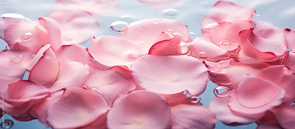 A close-up image of beautiful rose petals with a drop floating on the surface of the water. Suitable for use as a background, this macro photograph showcases the intricate details of the petals.