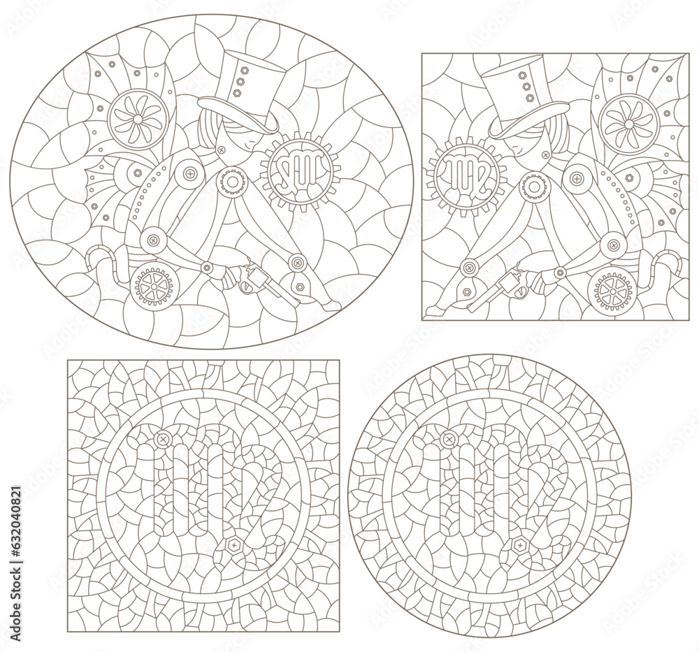 Set of contour illustrations in the style of stained glass with steam punk signs of the zodiac Virgo, dark contours on a white background Set of contour illustrations in the style of stained glass with steam punk signs of the zodiac Virgo, dark contours on a white background