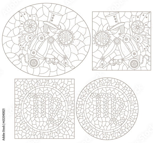 Set of contour illustrations in the style of stained glass with steam punk signs of the zodiac Virgo, dark contours on a white background