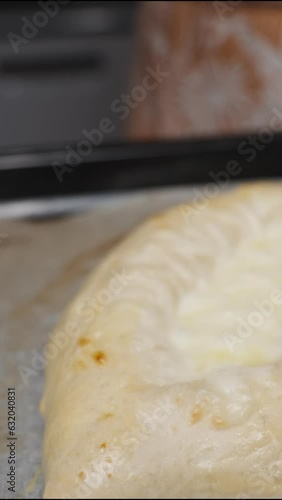 Vertical video. A woman applies beaten egg to the Adjaran Khachapuri on a baking sheet. Slow motion. photo