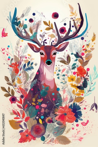 Beautiful creative art work illustration with flowers and deer, Generative AI