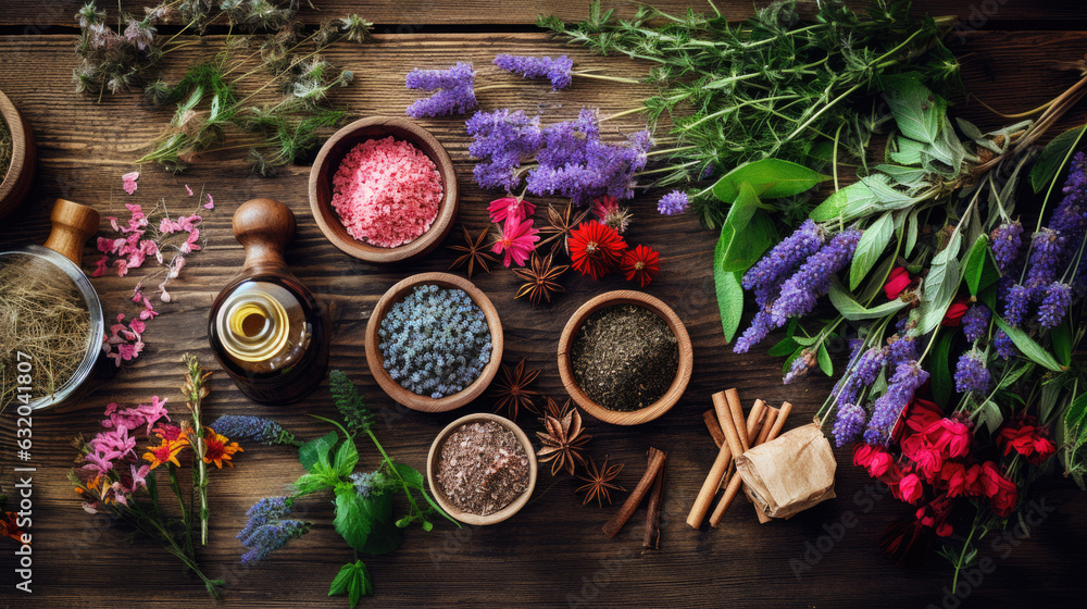 Natural Medicine. Various herbs and natural remedies on wooden background. Created with Generative AI technology.