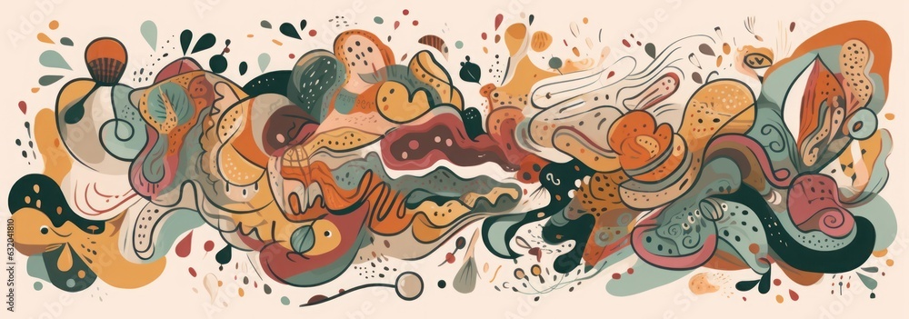 Obraz premium Decorative abstract horizontal banner with colorful doodles. Hand-drawn modern illustration, Generative AI