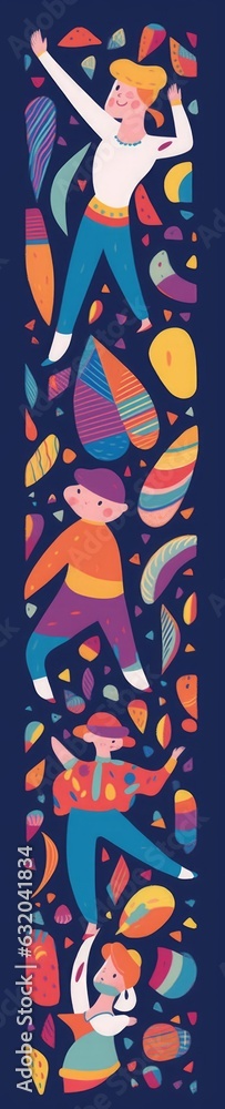 Naklejka premium Colorful pattern with abstract stylish individual design elements. Dancing people. New Year celebration. Design for holidays Birthday, New Year, Brazil Carnival or, Generative AI