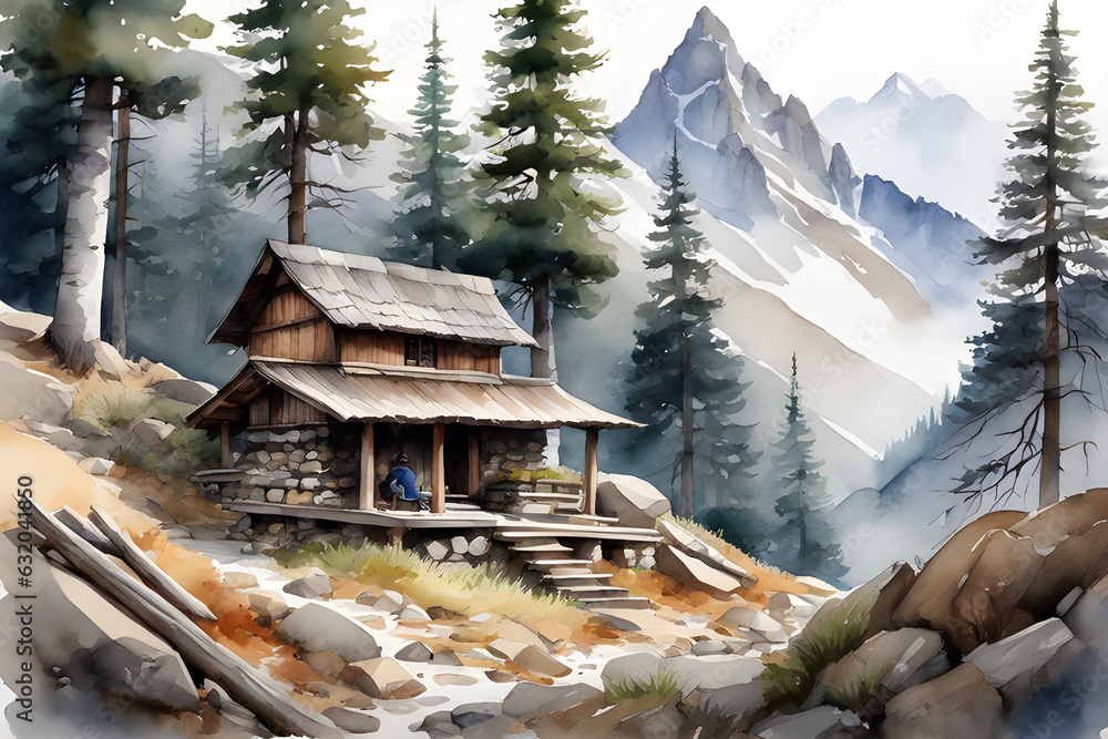 a cottage in the mountains, Generative AI