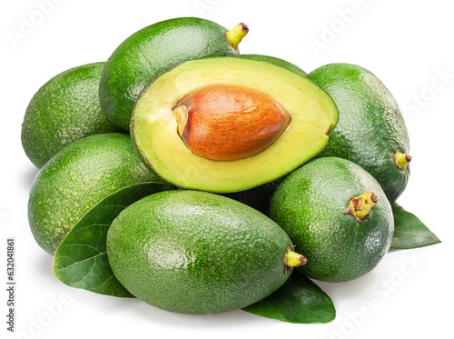 Lot of avocado fruits with leaves isolated on white background.
