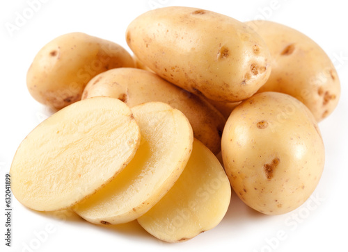 Potatoes tubers and potato slices isolated on white background.