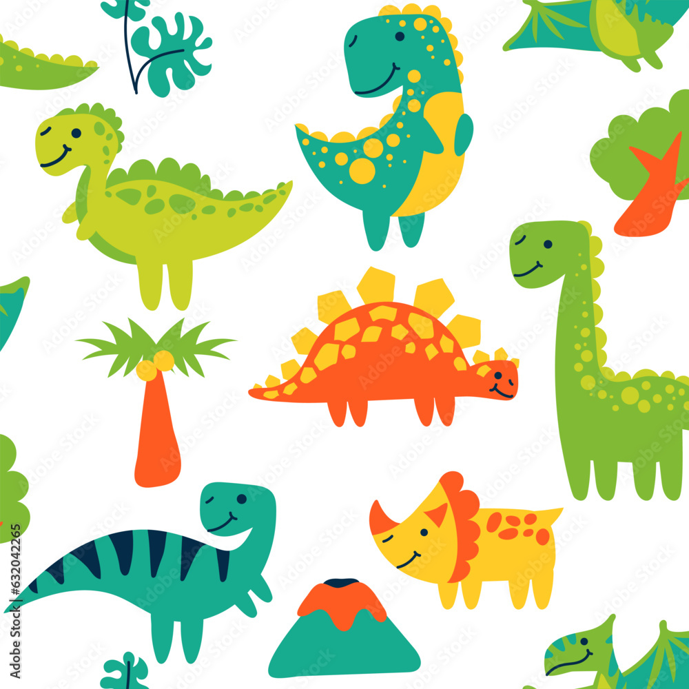 Obraz premium Vector seamless color repeating pattern with dinosaurs and tropical elements in a bright cartoon style. Children's seamless pattern with hand-drawn dinosaurs. Vector illustration of dinosaurs